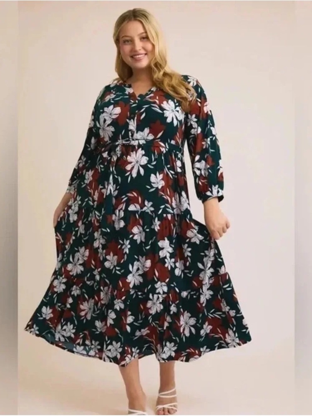 Gilli Dark Teal Floral Tiered Maxi Dress with Rust & White
